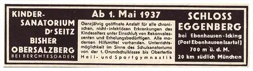 original Werbung - 1937 - Schloss Eggenberg b. Ebenhausen-Icking , Berchtesgaden , Arzt , Krankenhaus , Apotheke !!!