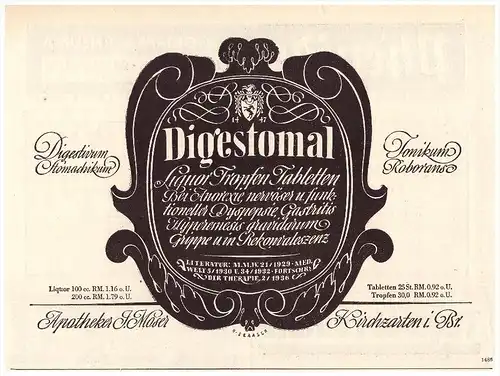 original Werbung - 1937 - Kirchzarten i. Br., Digestonal , Moser , Arzt , Krankenhaus , Apotheke !!!