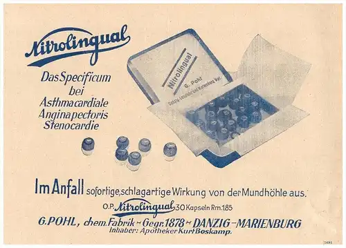 original Werbung - 1937 - Nitrolingual , Asthma , Angina , G. Pohl - Boskamp , Danzig , Marienburg , Arzt , Apotheke !!