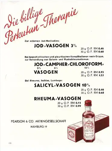 original Werbung - 1937 - Rheuma Vasogen , Pearson in Hamburg , Arznei , Arzt , Krankenhaus , Apotheke , A4 Seite !!