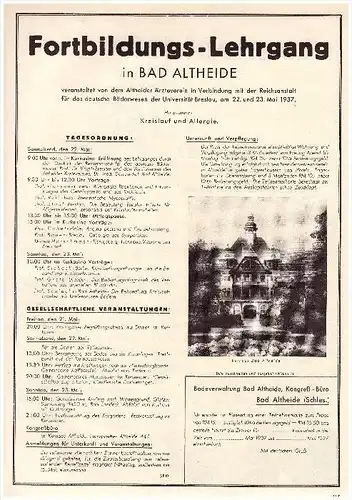 original Werbung - 1937 - Bad Altheide / Polanica-Zdroj , Lehrgang für Ärzte , Kurhaus , A4 Seite !!