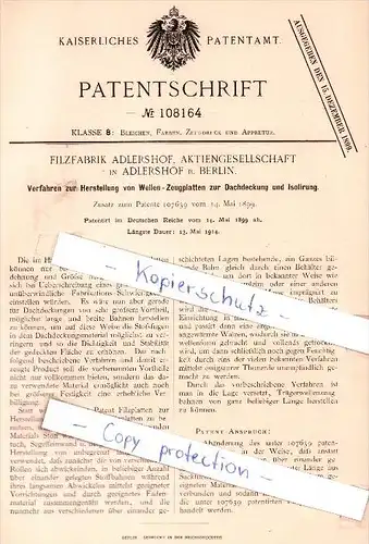 Original Patent - Filzfabrik Adlershof, Aktiengesellschaft in Adlershof b. Berlin , 1899 , !!!