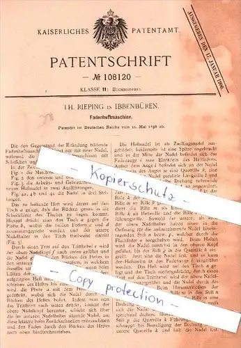 Original Patent - Th. Rieping in Ibbenbüren , 1898 , Fadenheftmaschine !!!