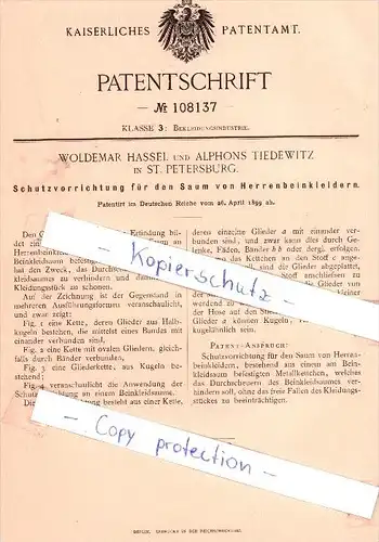 Original Patent - W. Hassel und A. Tiedewitz in St. Petersburg , 1899 , Rußland !!!