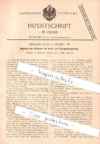 Original Patent - Richard Luhn in Haspe i. W. , 1898 , Montejus oder Saftheber  !!!