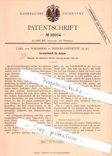 Original Patent - Carl von Porembski in Hohenlohehütte / Katowice , 1884 , Verschlußstift für Achsen , Schlesien !!!