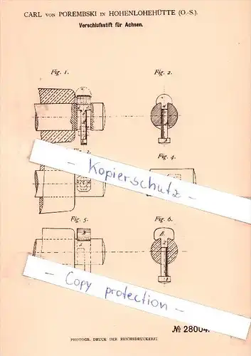 Original Patent - Carl von Porembski in Hohenlohehütte / Katowice , 1884 , Verschlußstift für Achsen , Schlesien !!!