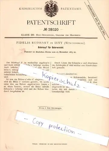 Original Patent - Fidelis Rudhart in Isny , Württemberg , 1883 , Bohrkopf für Bohrwendel !!!