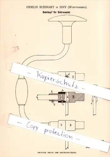 Original Patent - Fidelis Rudhart in Isny , Württemberg , 1883 , Bohrkopf für Bohrwendel !!!