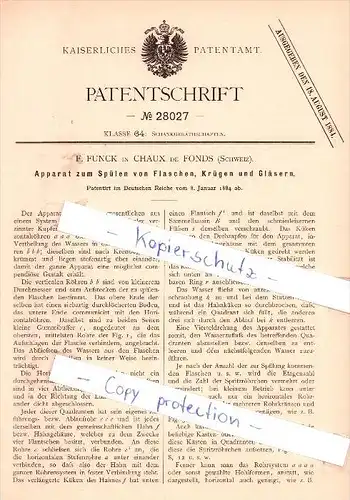 Original Patent - F. Funck in Chaux de Fonds , Schweiz , 1884 , Apparat zum Spülen von Flaschen !!!