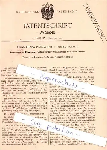 Original Patent - H. F. Passavant in Basel , Schweiz , 1883 , Neuerungen an Falzziegeln , Dachdecker !!!