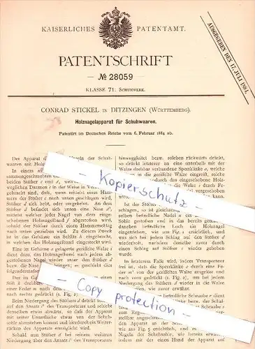 Original Patent - C. Stickel in Ditzingen , Württemberg , 1884 , Holznagelapparat für Schuhwaaren !!!