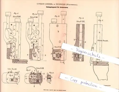 Original Patent - C. Stickel in Ditzingen , Württemberg , 1884 , Holznagelapparat für Schuhwaaren !!!