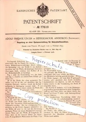 Original Patent - A. F. Unger in Henriksholm , Animskog , Schweden , 1894 ,  !!!