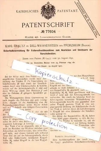 Original Patent - K. Trautz in Dill-Weissenstein bei Pforzheim , Baden , 1894 ,  !!!