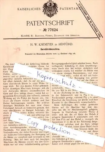 Original Patent - H. W. Knemeyer in Herford , 1893 , Garnbürstmaschine !!!
