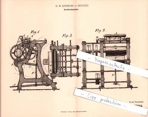 Original Patent - H. W. Knemeyer in Herford , 1893 , Garnbürstmaschine !!!