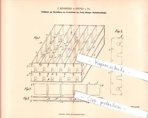 Original Patent - F. Kirrmeier in Speyer a. Rh. , 1893 , Herstellung von Formsteinen !!!