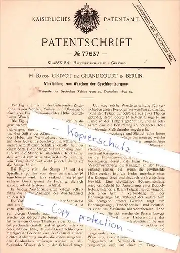 Original Patent - M. Baron Grivot de Grandcourt in Berlin , 1893 , Waschen der Geschlechtsorgane !!!