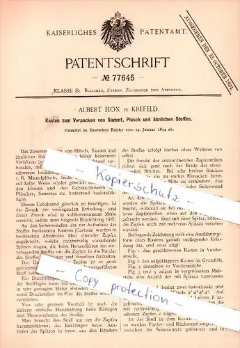Original Patent - A. Hox in Krefeld , 1894 , Kasten zum Verpacken von Sammt !!!