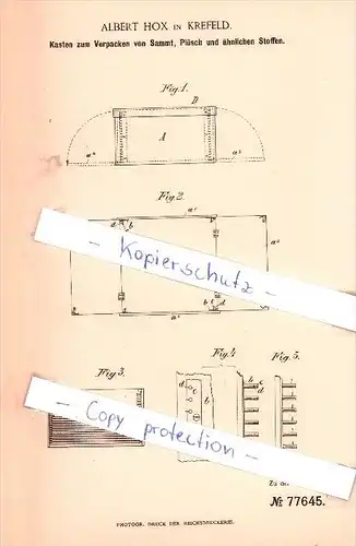 Original Patent - A. Hox in Krefeld , 1894 , Kasten zum Verpacken von Sammt !!!