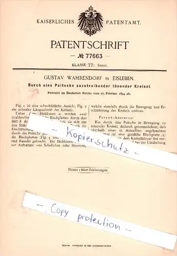 Original Patent - G. Wahrendorf in Eisleben , 1894 , Durch eine Peitsche anzutreibender Kreisel !!!