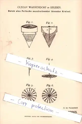 Original Patent - G. Wahrendorf in Eisleben , 1894 , Durch eine Peitsche anzutreibender Kreisel !!!