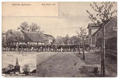 alte AK - Krukow , Dorfstrasse und Kirche , Das Ganze halt - Militär , ca. 1908 , Stettin !!!