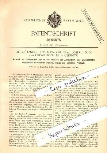 Original Patent - E. Grützner in Romagna-Grube b. Loslau / Wodzislaw Slaski und O. Koehler in Czernitz O.-S. , 1891 !!!