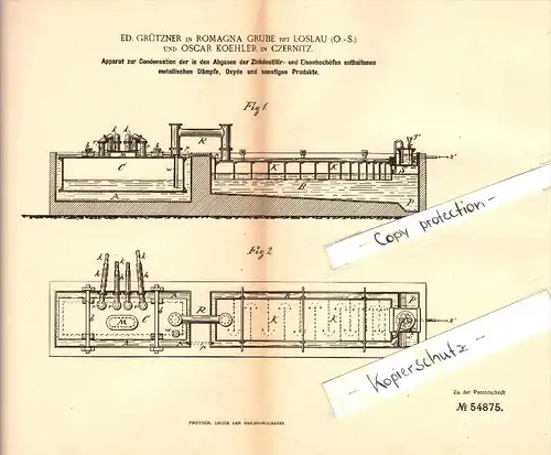 Original Patent - E. Grützner in Romagna-Grube b. Loslau / Wodzislaw Slaski und O. Koehler in Czernitz O.-S. , 1891 !!!