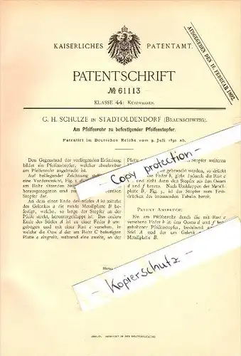 Original Patent - G.H. Schulze in Stadtoldendorf , Braunschweig , 1891 , Pfeifenstopfer für Pfeife !!!