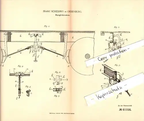 Original Patent - Franz Schediwy in Oedenburg / Sopron , Ungarn , 1891 , Rangierbremse für Eisenbahn !!!