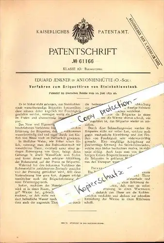Original Patent - Eduard Jenkner in Antonienhütte / Wirek , O.-S., 1891 , Brikettieren von Steinkohlenstaub , Bergbau