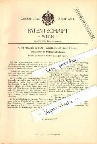 Original Patent - F. Werhahn in Rothenditmold b. Cassel , 1891 , Druckschiene für Weichenregelung , Weiche , Eisenbahn !