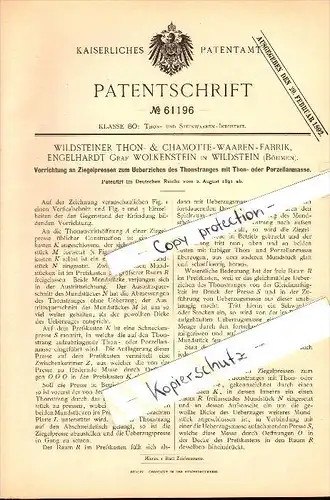 Original Patent - Engelhardt Graf Wolkenstein in Wildstein / Skalná , 1891 , Presse für Porzellan , Böhmen !!!