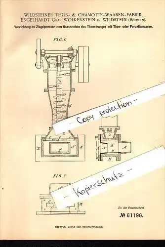 Original Patent - Engelhardt Graf Wolkenstein in Wildstein / Skalná , 1891 , Presse für Porzellan , Böhmen !!!