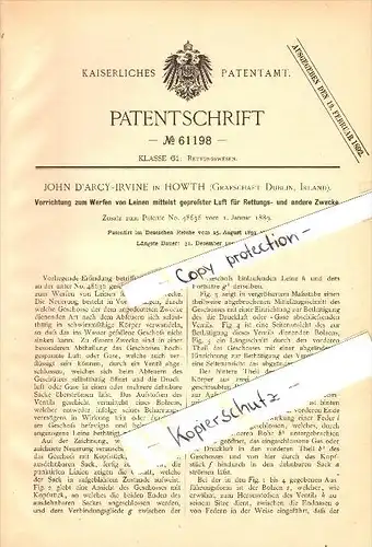 Original Patentschrift- John d`Arcy-Irvine in Howth , Dublin ,1891,Apparatus for launching linen to the rescue , ireland