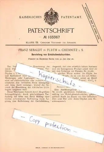 Original Patent - F. Sebaldt in Furth b. Chemnitz i. S. , 1897 , Darstellung von Erdalkalimetallcarbiden !!!