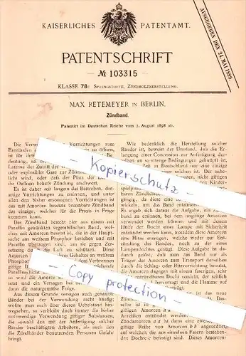 Original Patent - Max Retemeyer in Berlin , 1898 , Zündband !!!