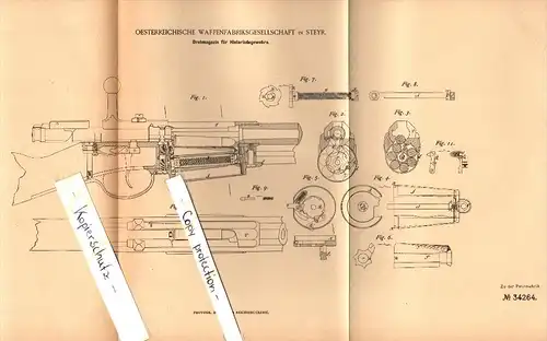 Original Patent - Österreichische Waffenfabrik in Steyr , 1885 , Drehmagazin für Hinterlader-Gewehre !!!