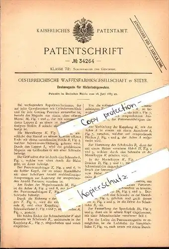 Original Patent - Österreichische Waffenfabrik in Steyr , 1885 , Drehmagazin für Hinterlader-Gewehre !!!