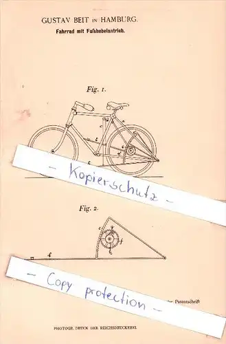 Original Patent - Gustav Beit in Hamburg , 1897 , Fahrrad mit Fußhebelantrieb !!!