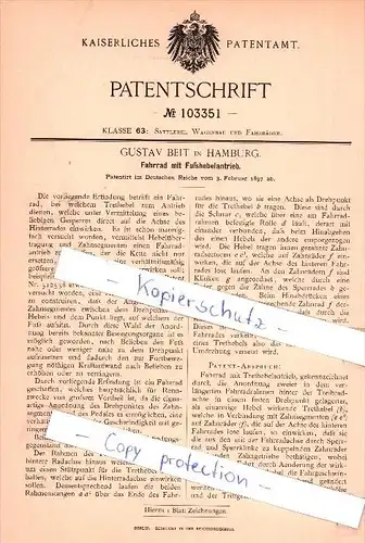 Original Patent - Gustav Beit in Hamburg , 1897 , Fahrrad mit Fußhebelantrieb !!!