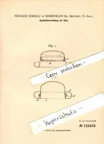 Original Patent - Richard Scholz in Birkenhain / Piekary Slaskie , 1900 , Kühlvorrichtung für Hüte , Beuthen , Schlesien