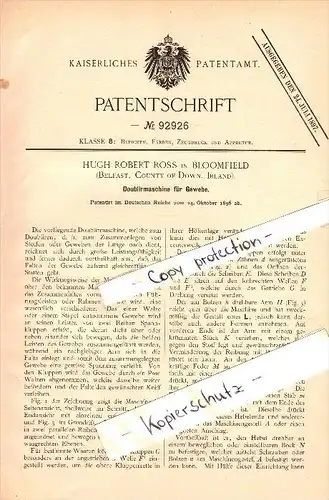 Original Patent - Hugh Robert Ross in Bloomfield , Belfast , Ireland , 1896 , machine for fabric , tissue !!!