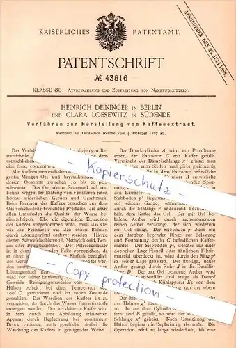 Original Patent - H. Deininger in Berlin und C. Loesewitz in Südende , 1887 , Kaffeeextract !!!
