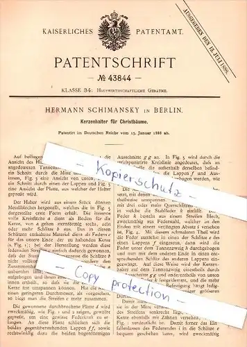 Original Patent - Hermann Schimansky in Berlin , 1888 , Kerzenhalter für Christbäume !!!