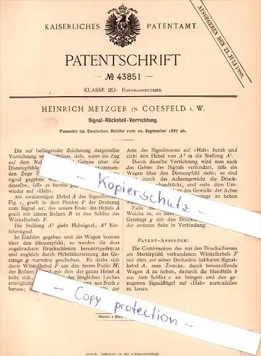 Original Patent - Heinrich Metzger in Coesfeld i. W. , 1887 , Signal-Rückstell-Vorrichtung !!!