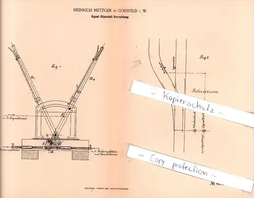 Original Patent - Heinrich Metzger in Coesfeld i. W. , 1887 , Signal-Rückstell-Vorrichtung !!!