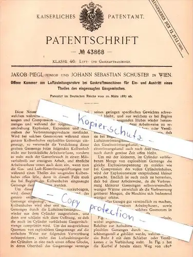 Original Patent - J. Piegl  und J. S. Schuster in Wien , 1887 , Gaskraftmaschinen !!!